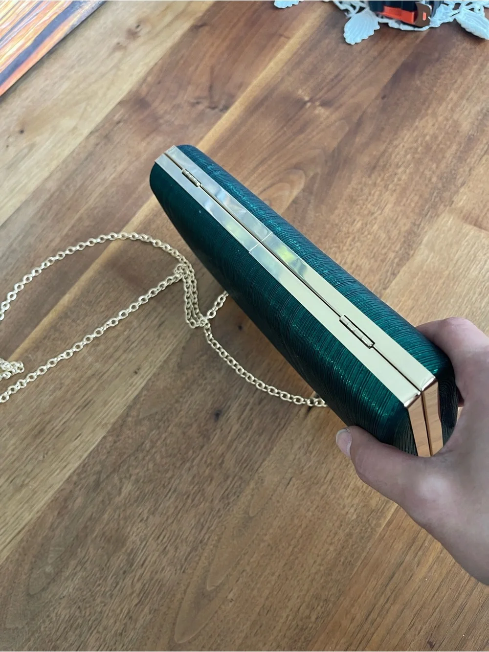 Elegant emerald green Satin Evening Clutch with Gold Handle